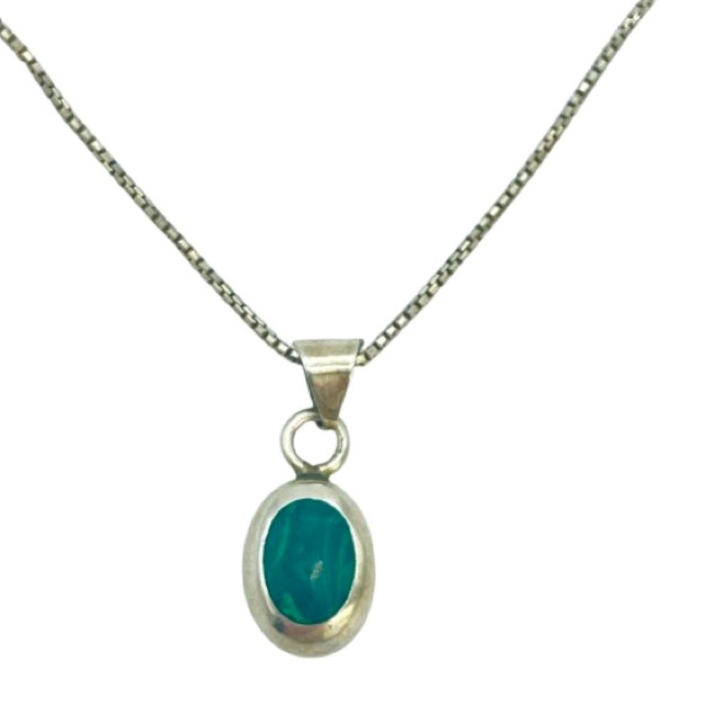 Vintage Silver Green Oval Malachite Pendant & Necklace 925 Sterling Jewelry - Picture 4 of 14